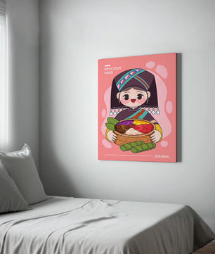 Personnage de dessin animé charmant en tenue traditionnelle tenant un panier de nourriture coloré