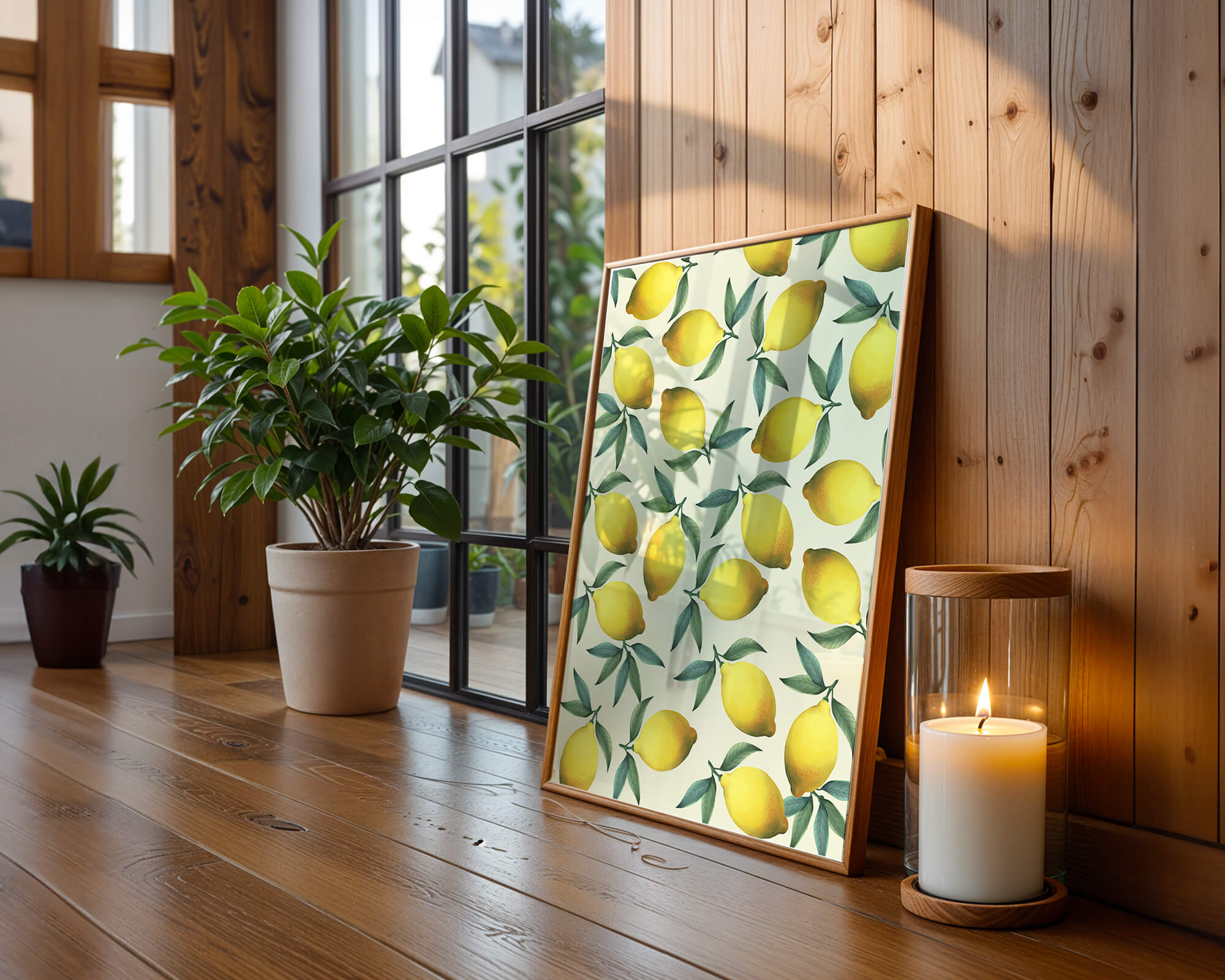 Vibrant lemon pattern with green leaves on a light background