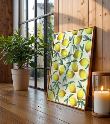 Vibrant lemon pattern with green leaves on a light background