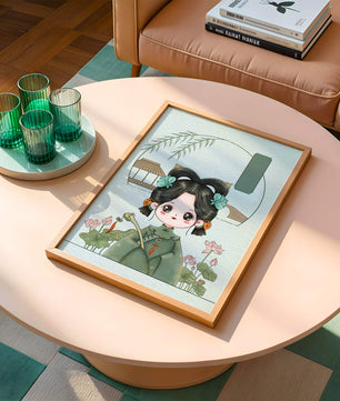 Charming illustration of a cute character in traditional Asian attire with floral elements