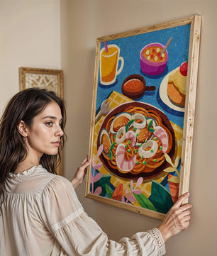 Escena ilustrativa de desayuno colorida con pasta y bebidas