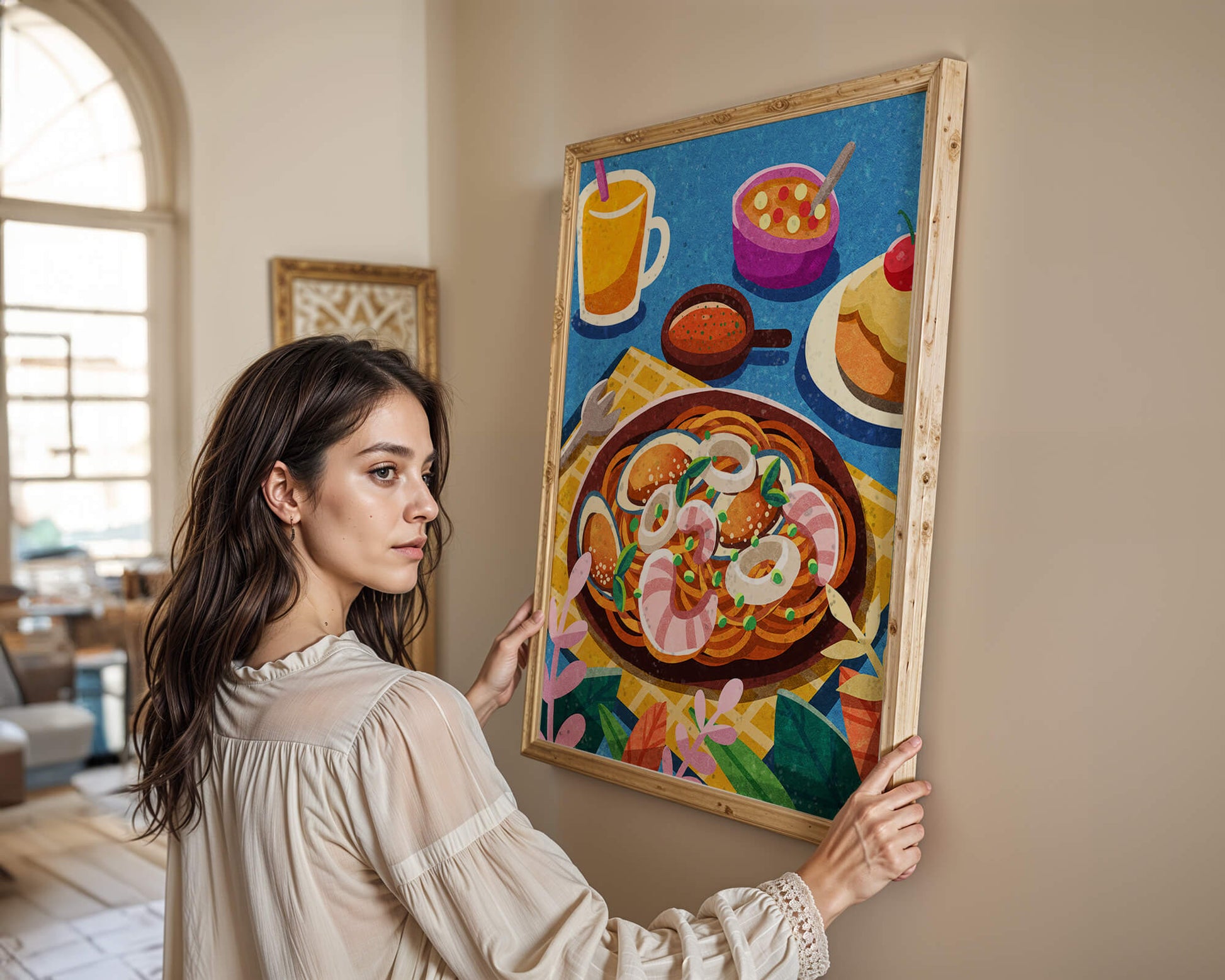 Colorful Illustrative Breakfast Scene with Pasta and Drinks