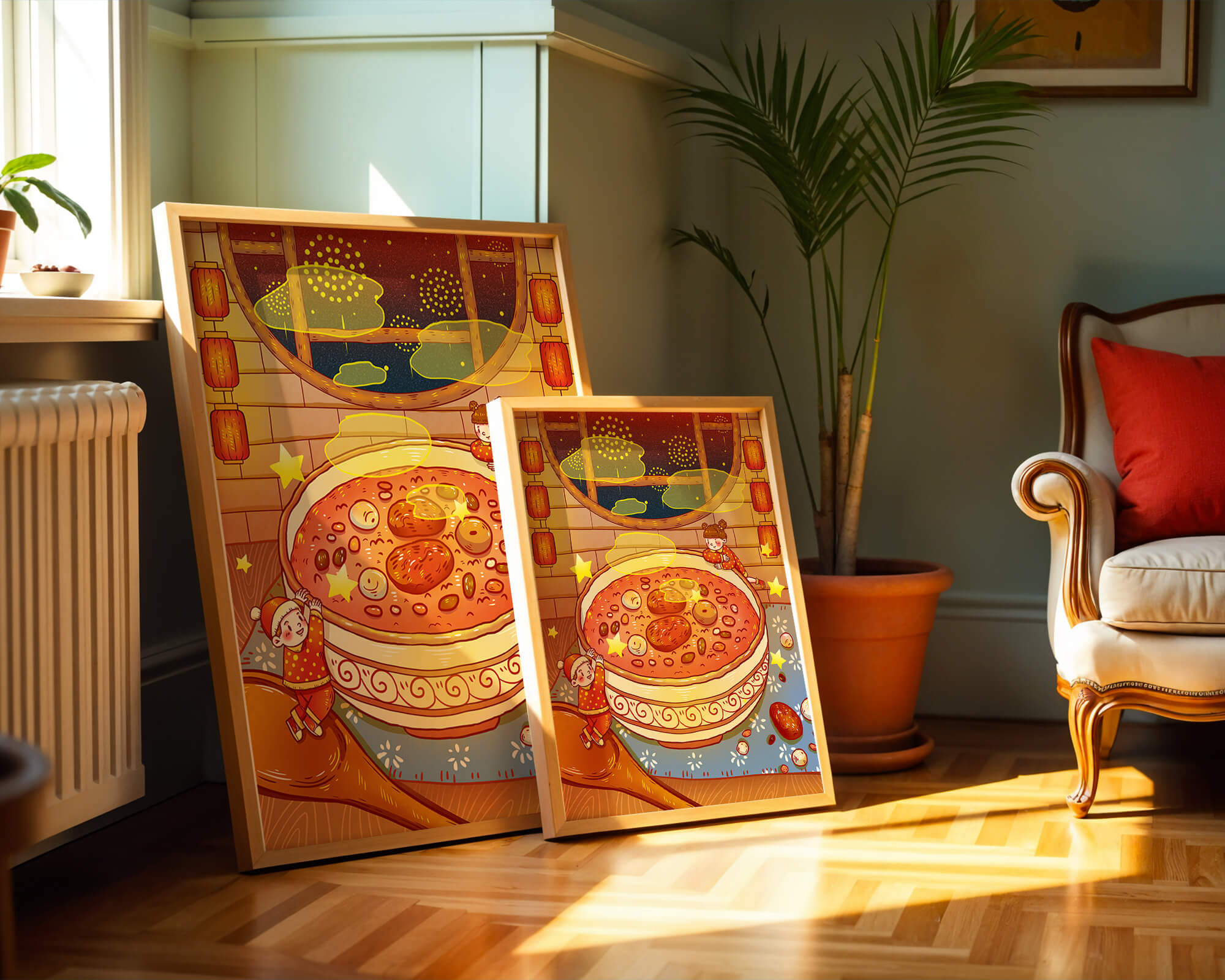 Cozy festive scene with children, a large bowl of soup, and lanterns