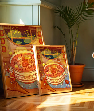 Scène festive et chaleureuse avec des enfants, un grand bol de soupe et des lanternes