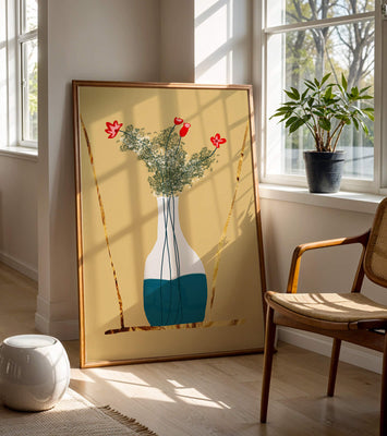 Vase with Red Flowers and Golden Accents