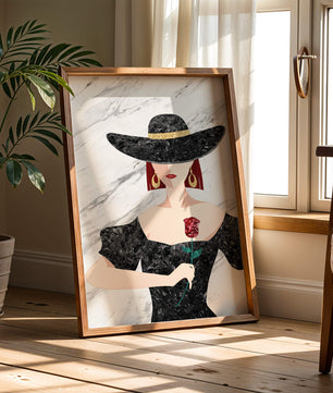 Elegant woman in wide-brimmed hat holding a rose on marble background