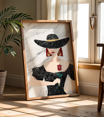 Elegant woman in wide-brimmed hat holding a rose on marble background