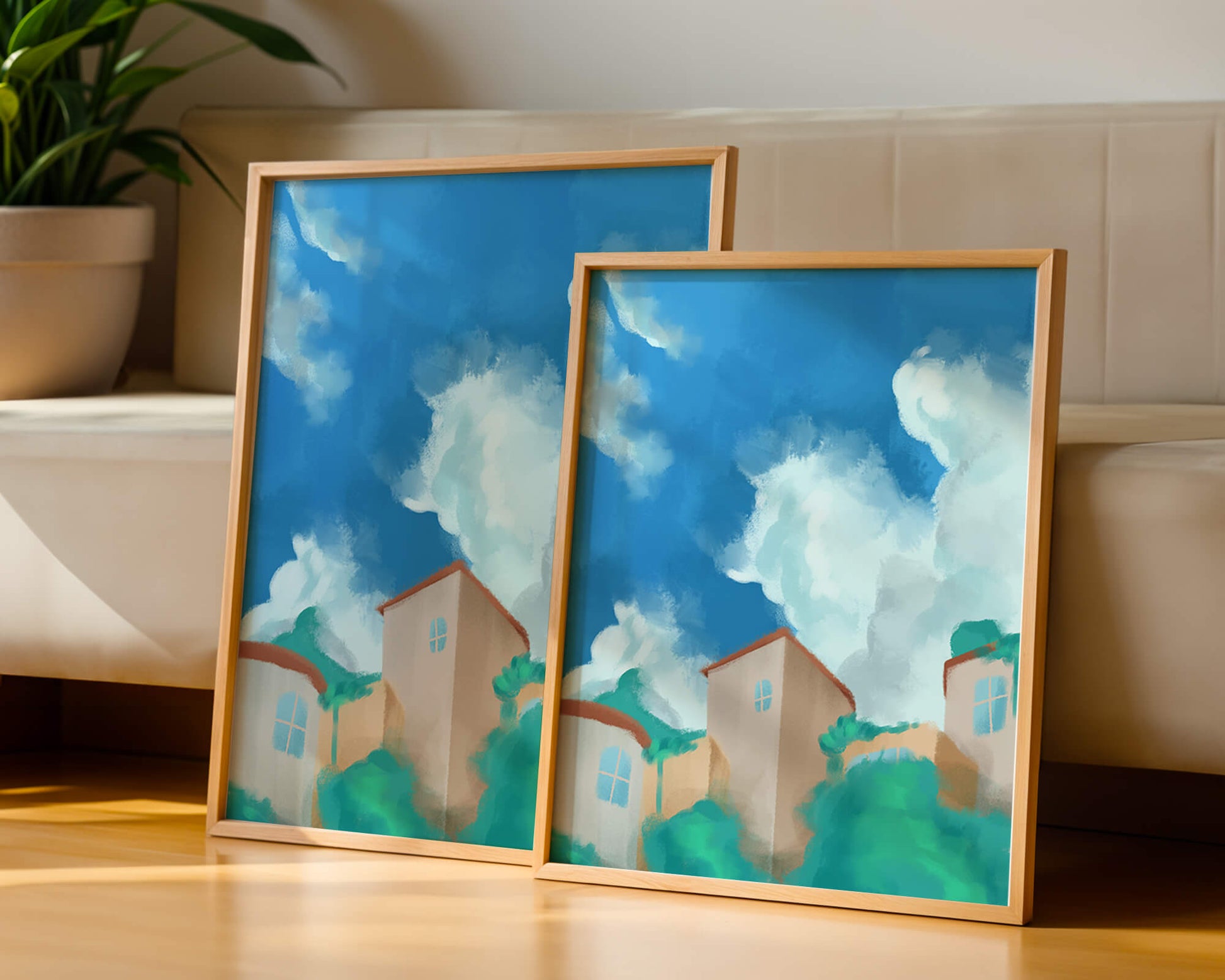 Serene landscape with houses and fluffy clouds against a blue sky