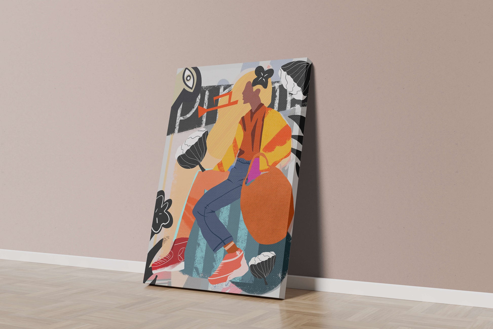 Colorful abstract fashion illustration with floral and geometric elements