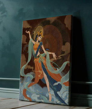 Elegant depiction of an ethereal dancer in vibrant traditional attire