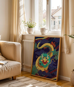 Illustration de dragon coloré avec des nuages ​​et des éléments de feuillage