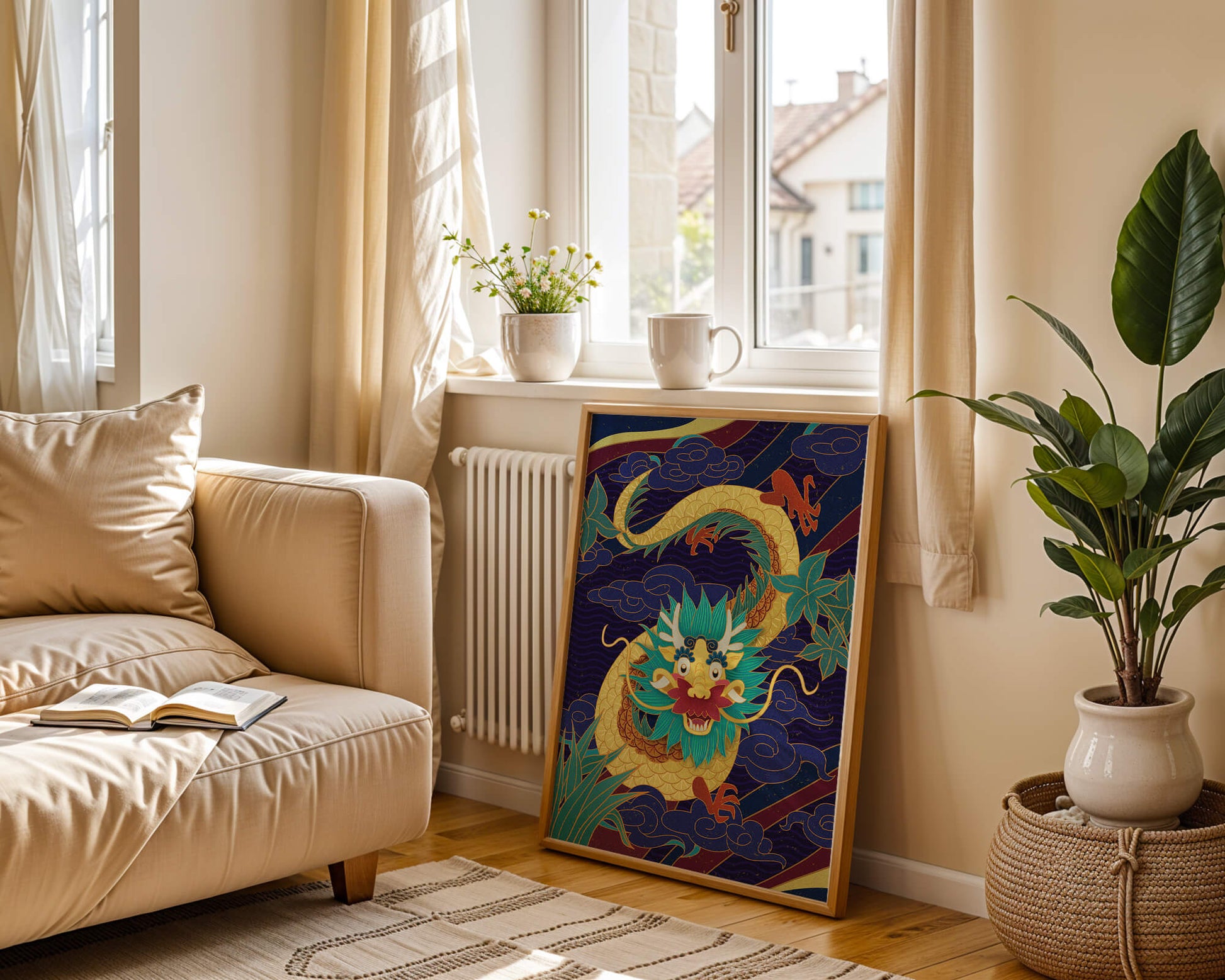 Illustration de dragon coloré avec des nuages ​​et des éléments de feuillage