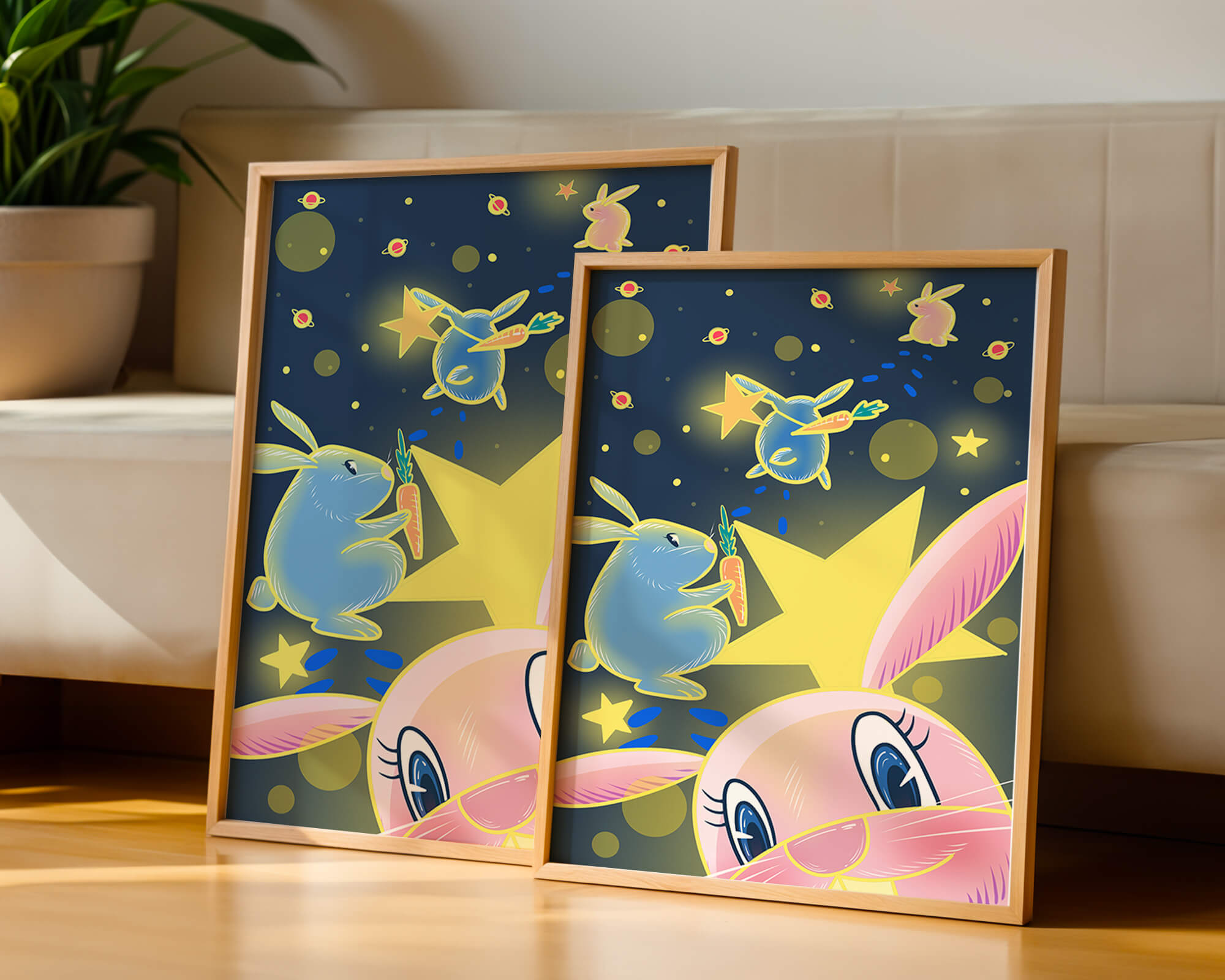 Playful bunnies with carrots and stars in a whimsical space scene
