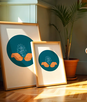 Illustration of Hands Holding a Plant with Teal Background
