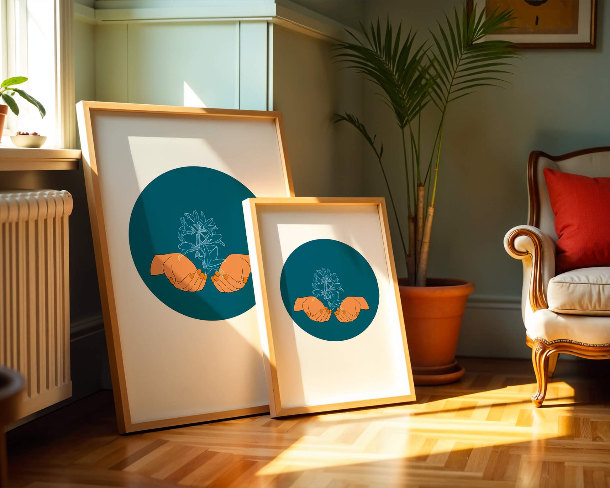 Illustration of Hands Holding a Plant with Teal Background