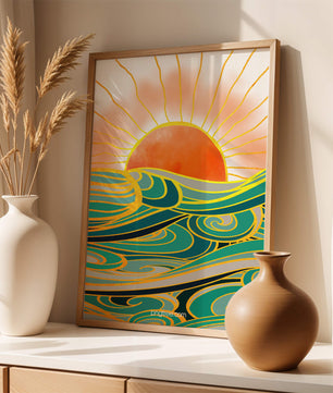 Sunrise over stylized ocean waves with gold accents