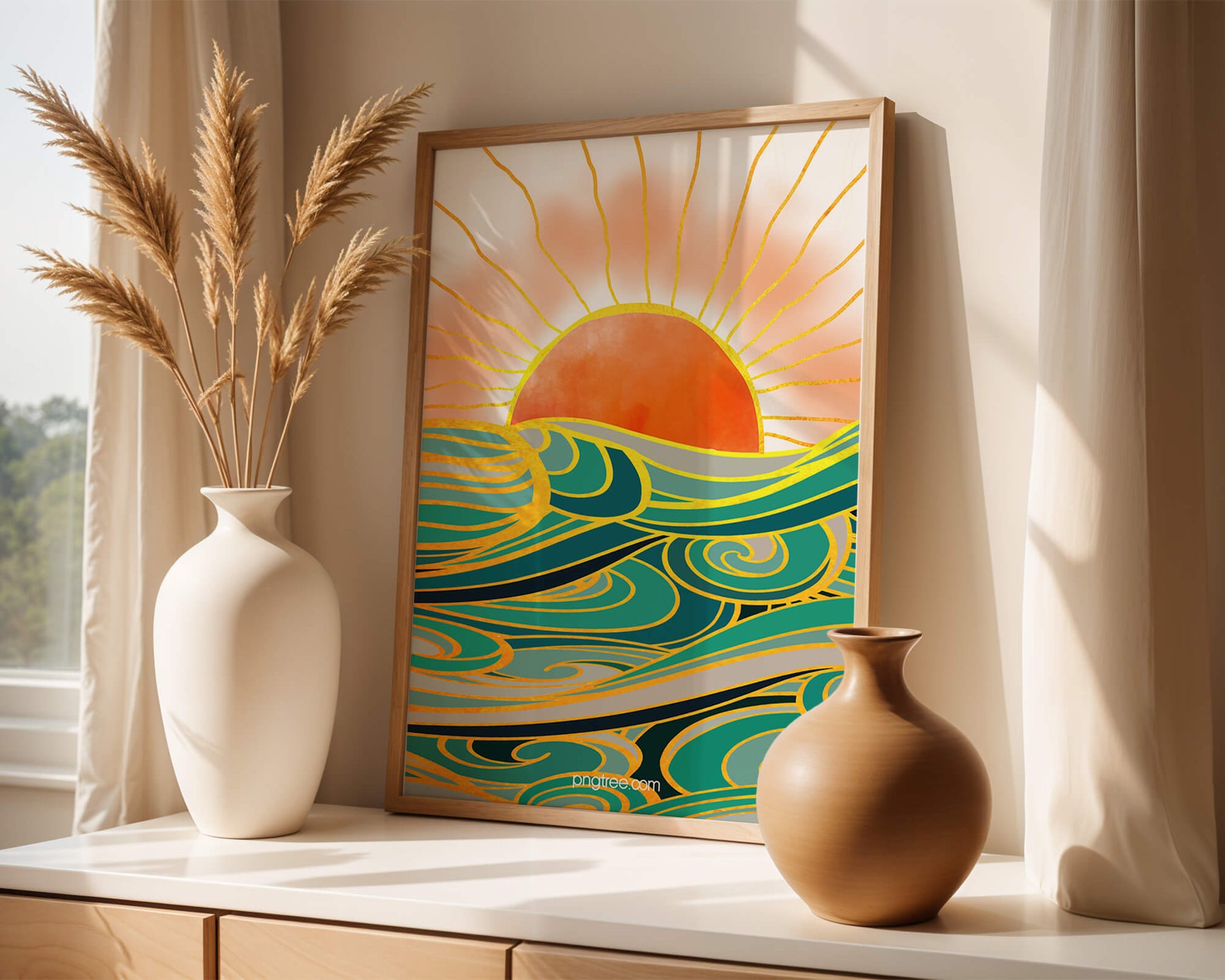 Sunrise over stylized ocean waves with gold accents
