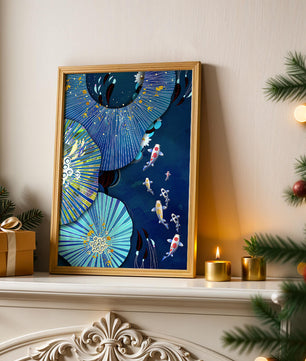 Scène sous-marine vibrante avec des carpes koï et un motif floral abstrait