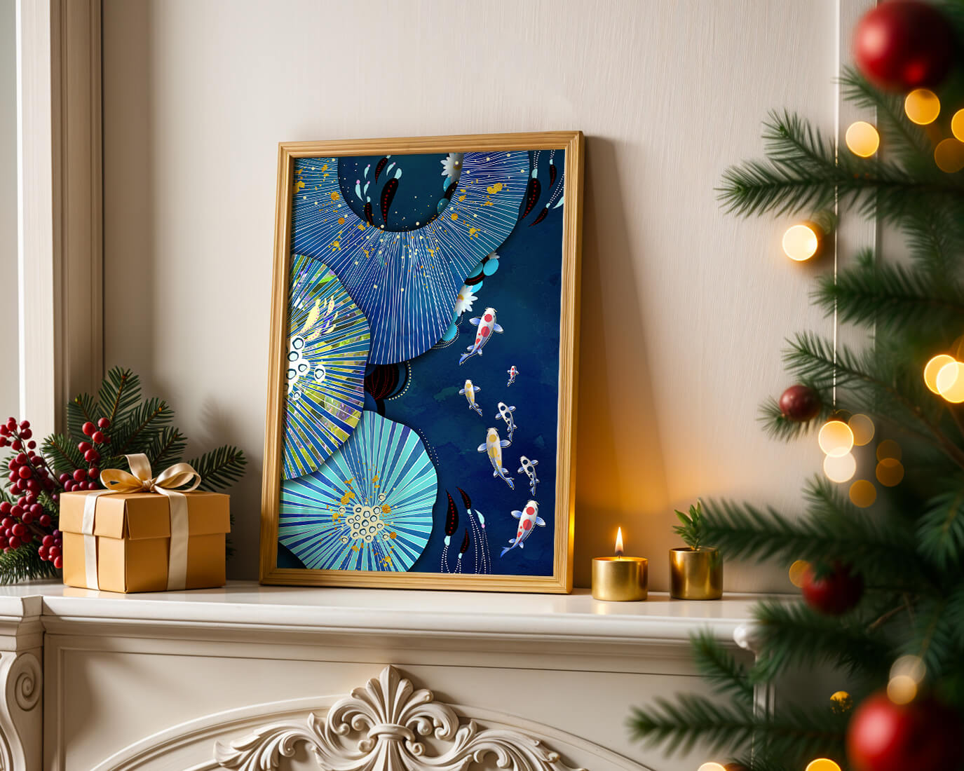 Vibrant underwater scene with koi fish and abstract floral design