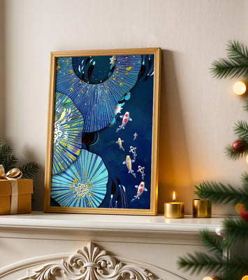 Vibrant underwater scene with koi fish and abstract floral design