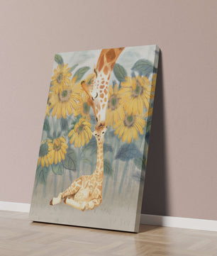 Pintura acuarela de jirafas y girasoles en una escena tierna de una familia de jirafas