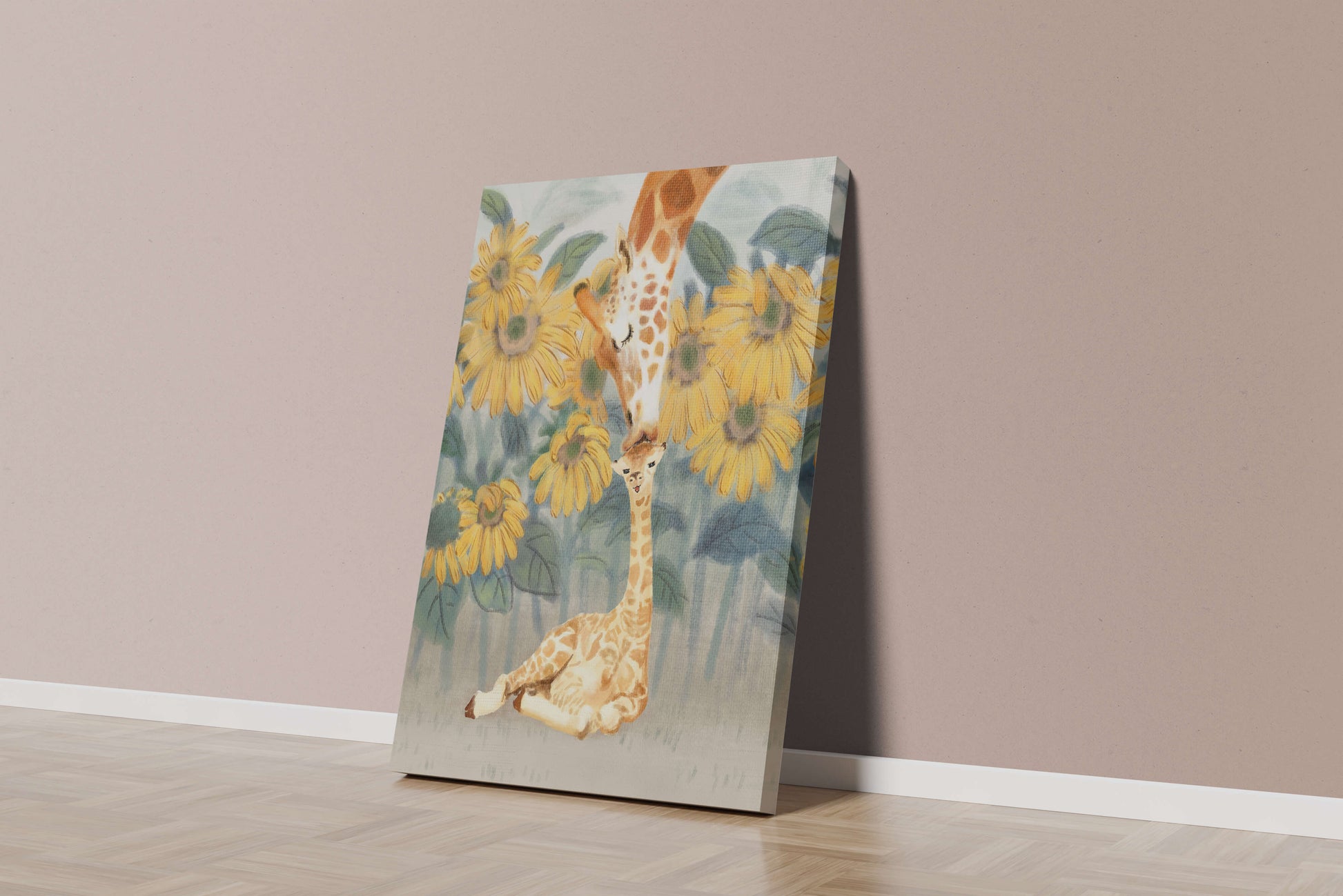 Giraffe and sunflowers watercolor painting of tender giraffe family scene