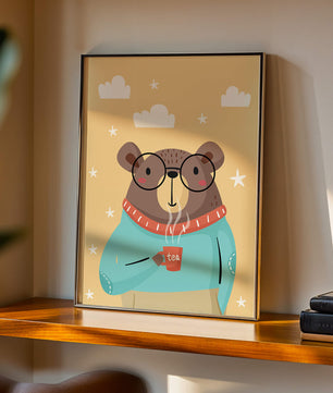 Illustration of a bear with glasses holding a tea cup against a starry background