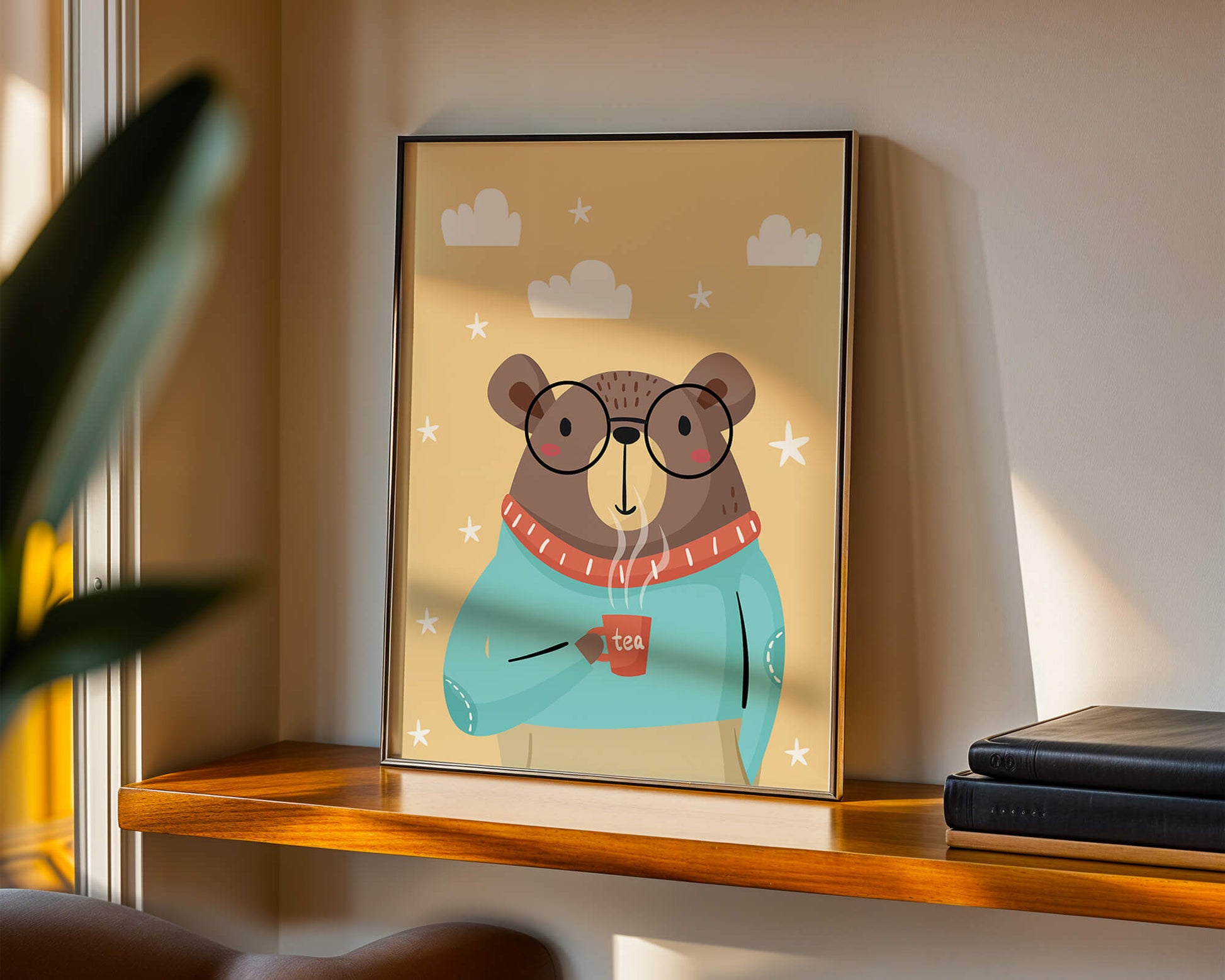 Illustration of a bear with glasses holding a tea cup against a starry background