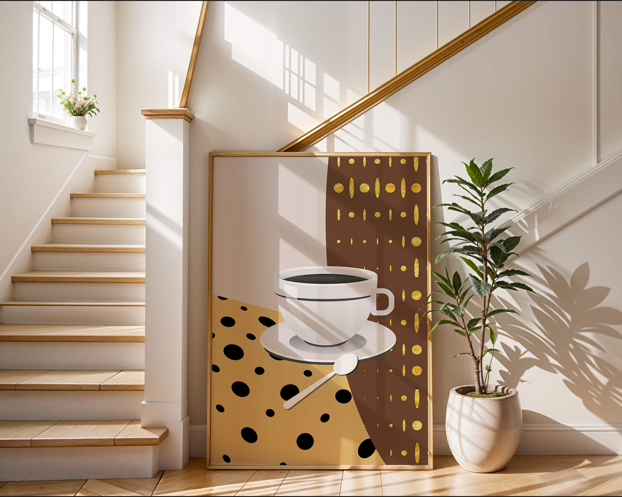 Contemporary Coffee Art with Geometric Patterns and Gold Accents - Mi tienda