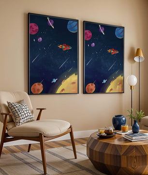 Farbenfrohes Weltraumabenteuer mit Planeten und Raketenillustration