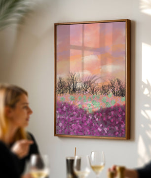 Paisaje sereno con campo floral vibrante y cielo pastel