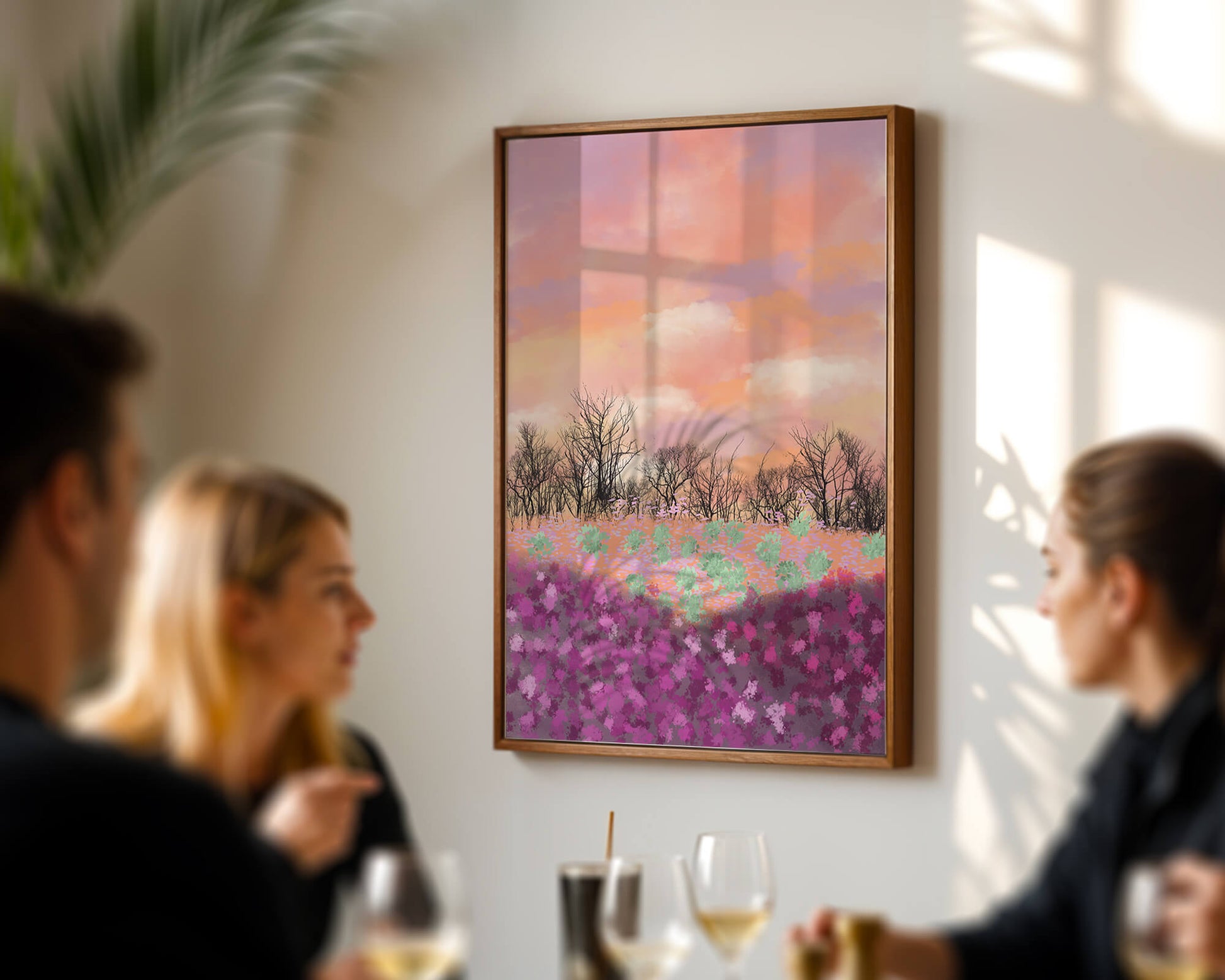 Paisaje sereno con campo floral vibrante y cielo pastel