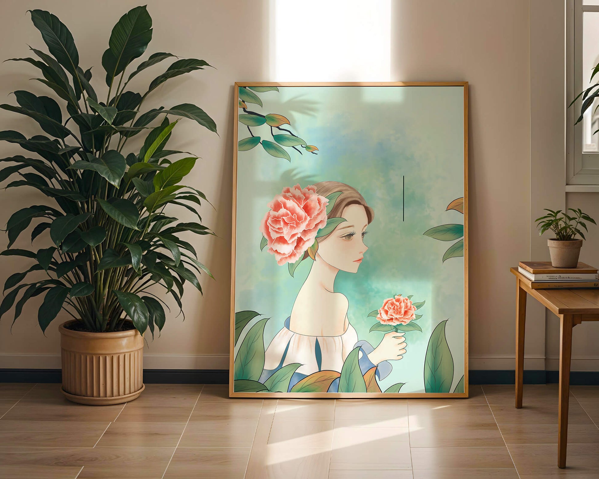 Illustration of a woman with a flower and text saying "Hello, July"
