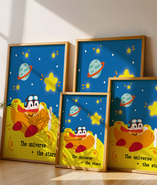Colorful cartoon airplane with stars and planets in space