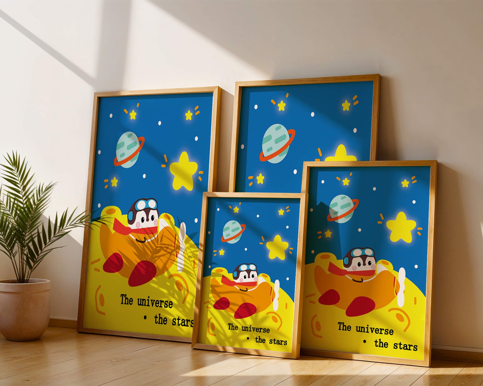 Colorful cartoon airplane with stars and planets in space