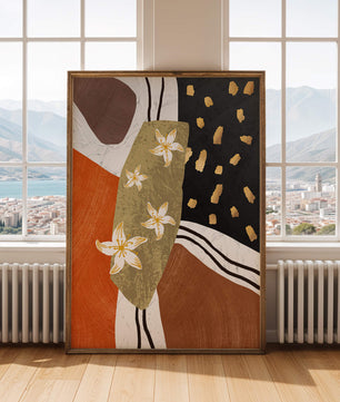 Abstract floral artwork with gold accents and earthy tones