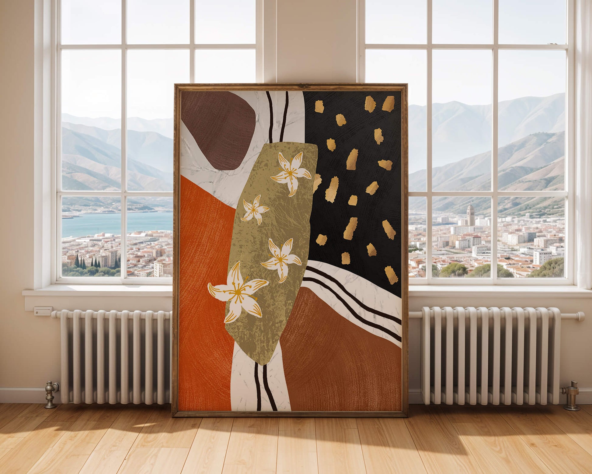 Abstract floral artwork with gold accents and earthy tones