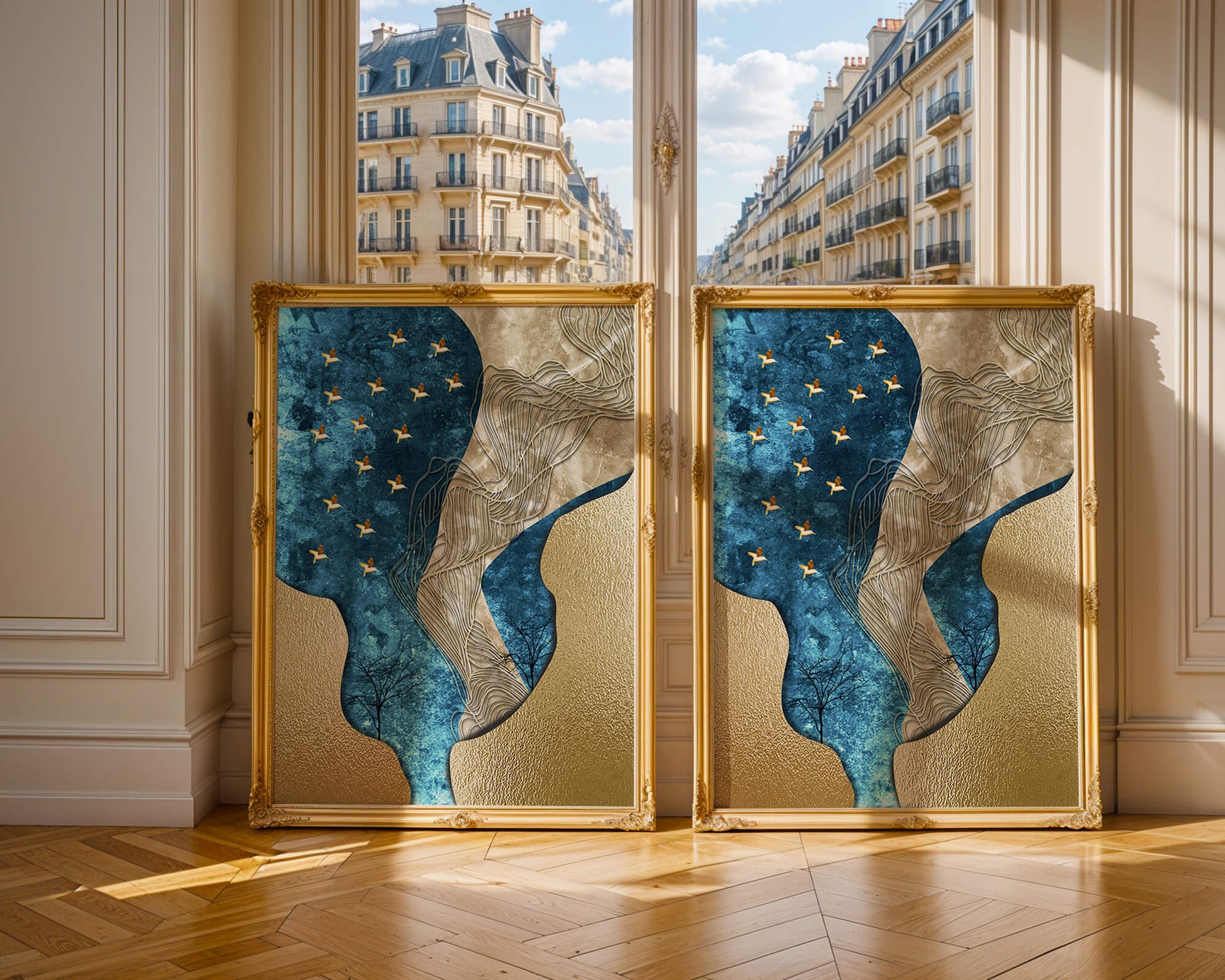 Abstract Textured Landscape with Gold and Blue Elements