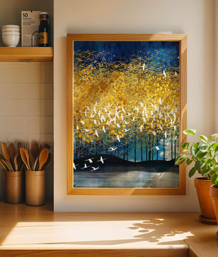 Vibrant Forest Landscape with Birds and Golden Leaves