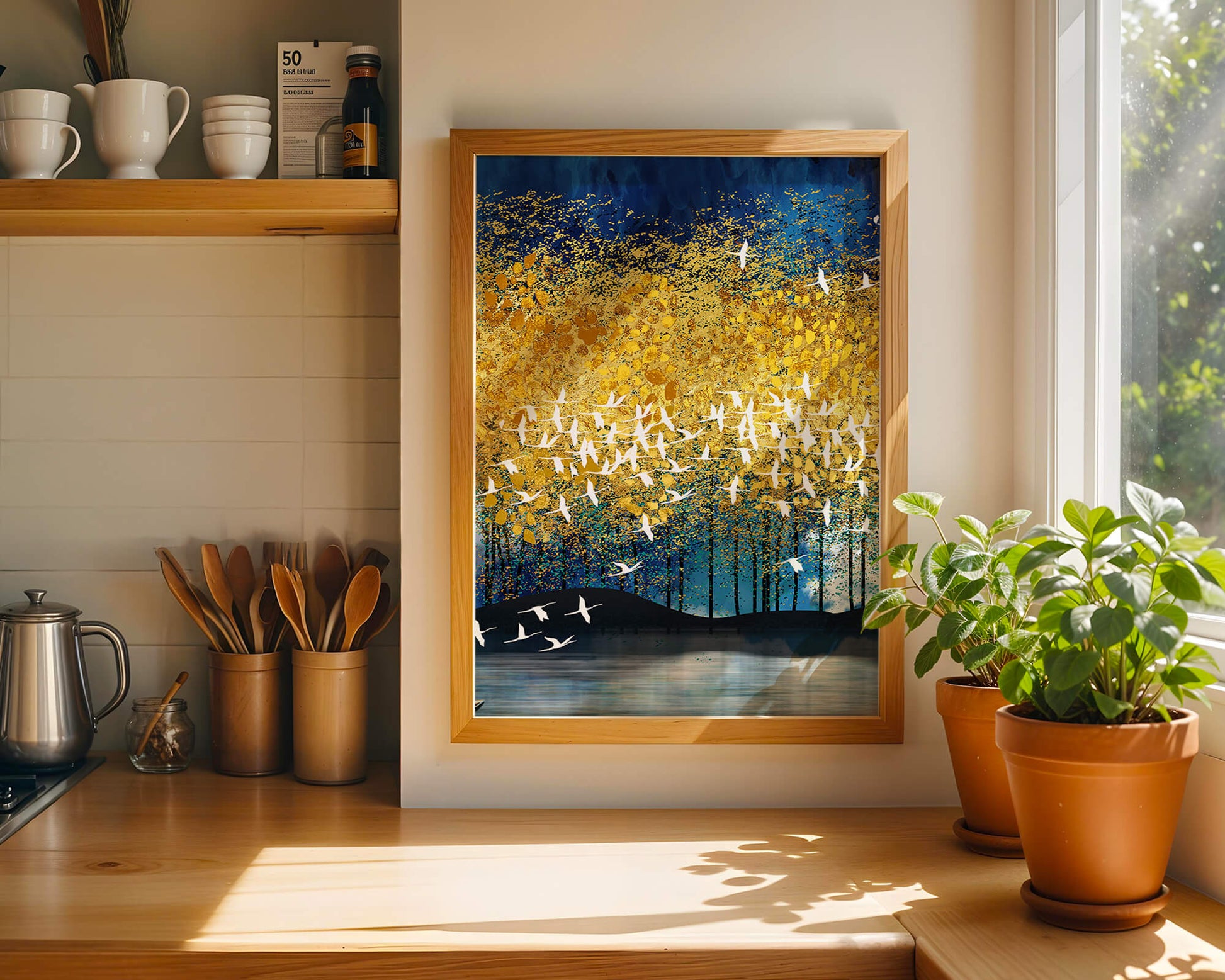 Vibrant Forest Landscape with Birds and Golden Leaves