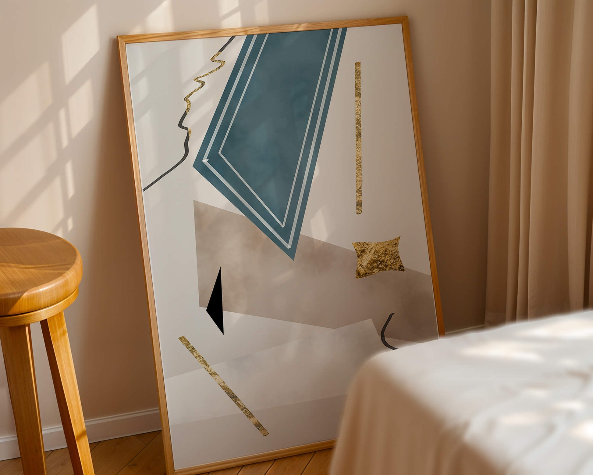 Abstract geometric artwork with gold accents and dynamic shapes