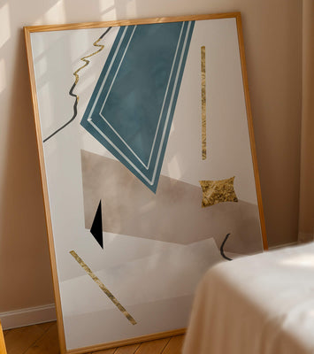 Abstract geometric artwork with gold accents and dynamic shapes
