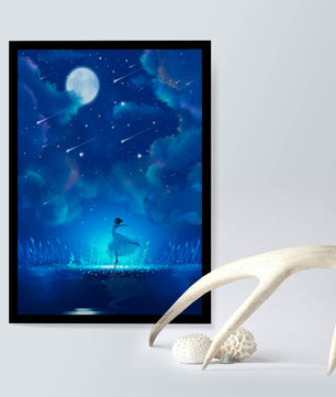 Cielo nocturno soñador con figura danzante y luz de luna brillante