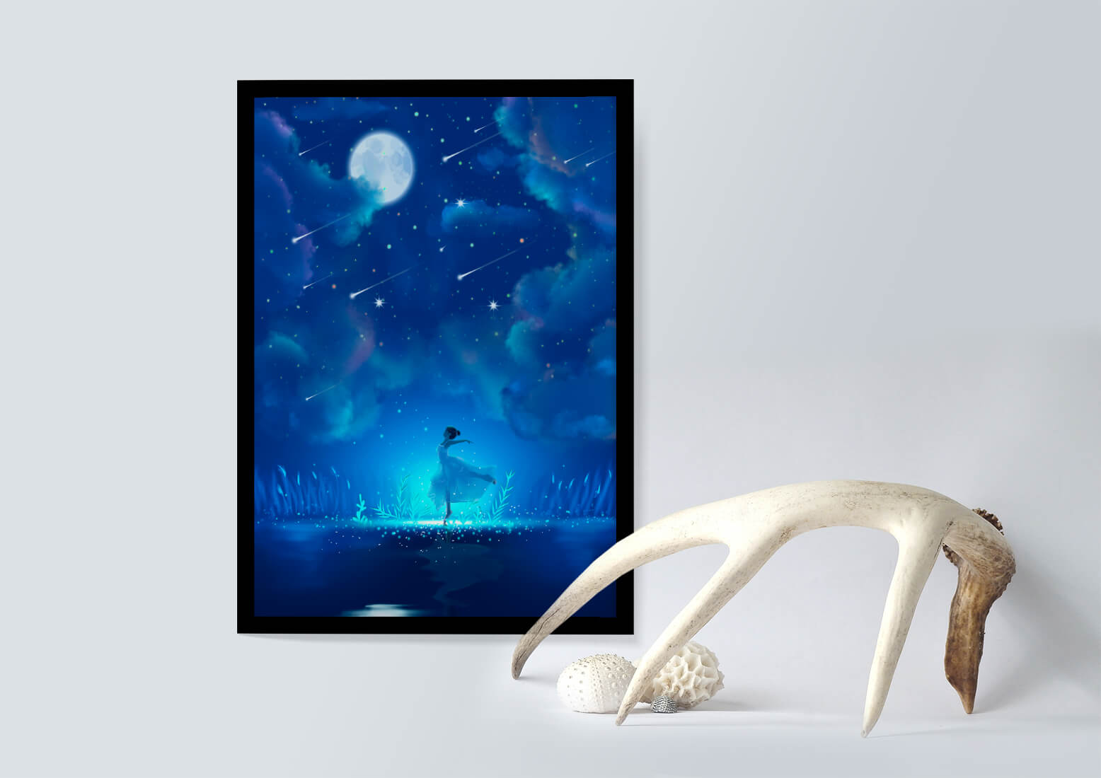 Cielo nocturno soñador con figura danzante y luz de luna brillante