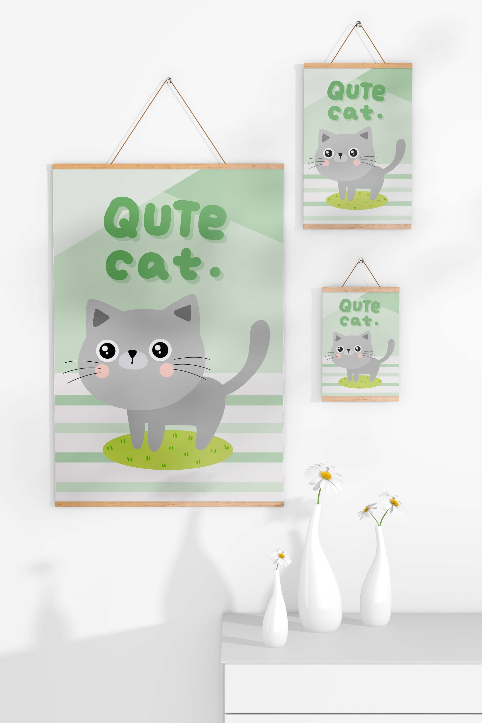 Adorable cartoon cat illustration on pastel background