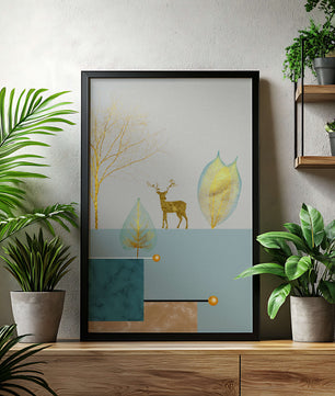 Abstrakte Komposition mit goldenem Hirsch und Blättern auf strukturiertem Hintergrund