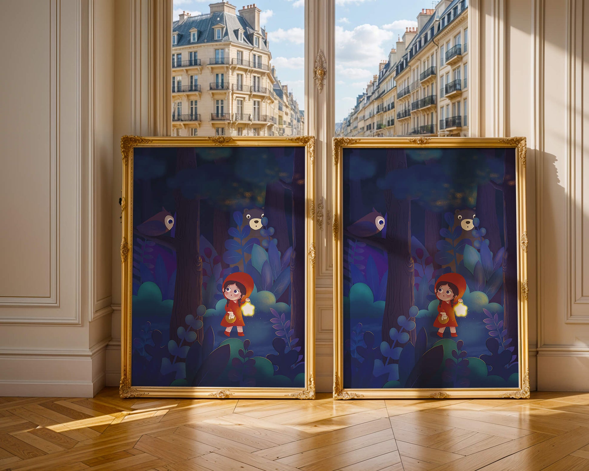 Little Girl in Red Hood Exploring Enchanted Forest at Night with Owl and Bear