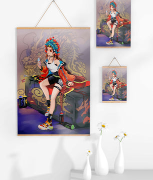 Anime art of a girl in traditional attire with urban elements