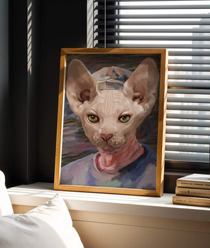 Painted portrait of a sphynx cat wearing a casual cap
