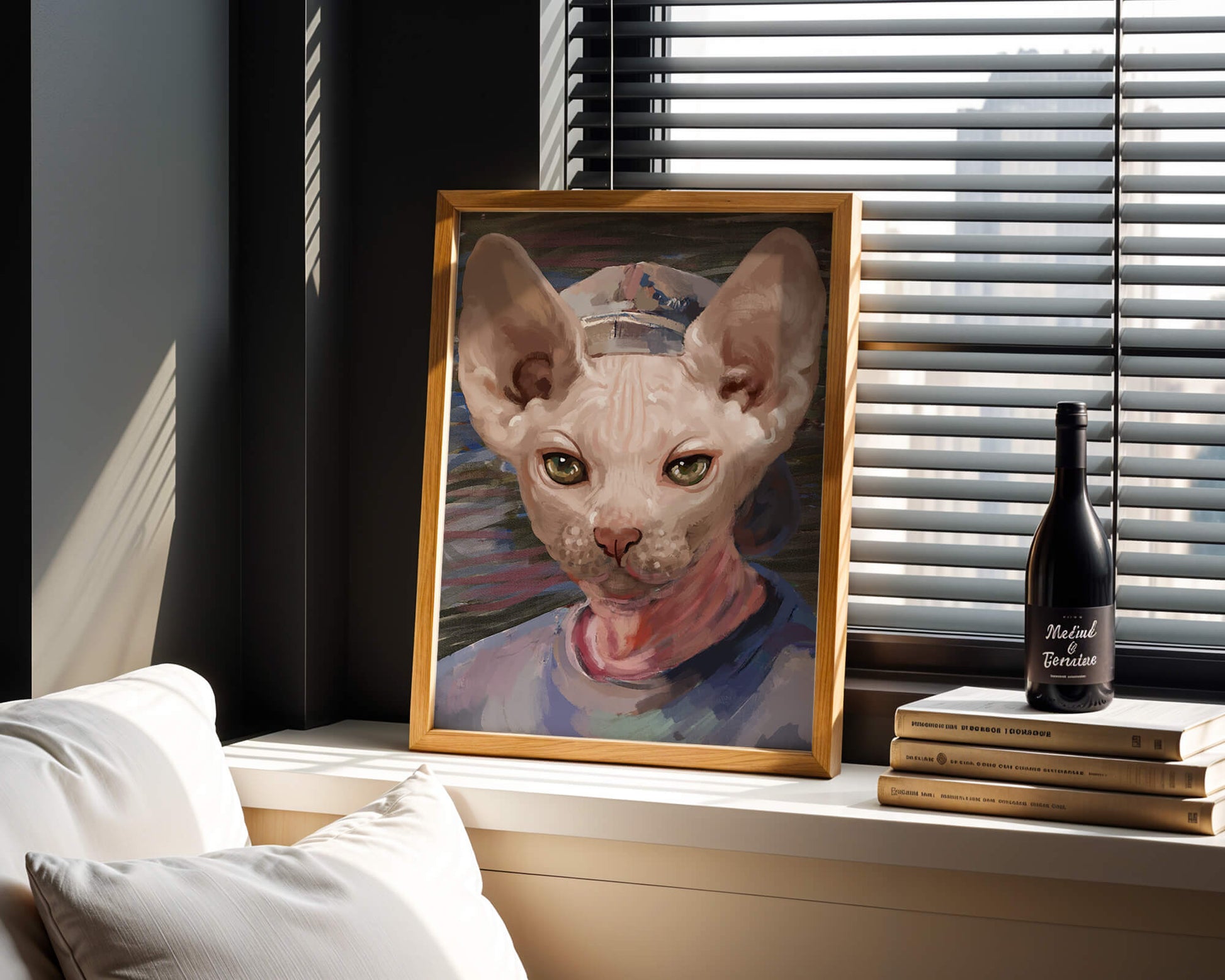 Painted portrait of a sphynx cat wearing a casual cap